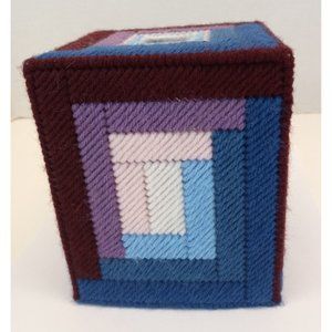 Tissue Box Cover Needlepoint on Plastic Canvas Log Cabin Block Design Handmade